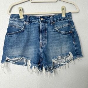 Free People We The Free Distressed Denim Shorts Button Fly Raw Hem‎ Blue Size 27